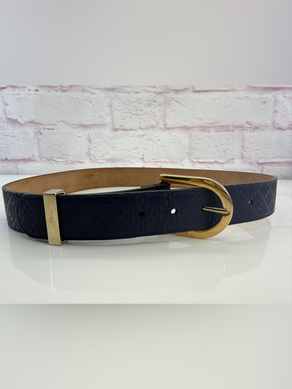 Gucci Navy Diamanté Leather Belt with Gold-Tone Buckle 354382 85/34